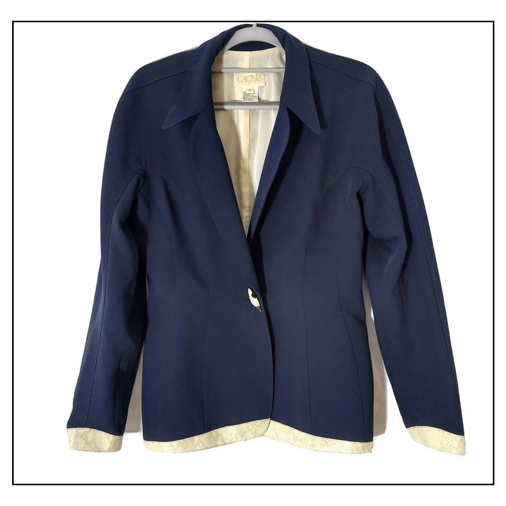 Y2K Cache‎ Blazer 8 Navy Gold Pearl Button Snake Sports Jacket Office Business